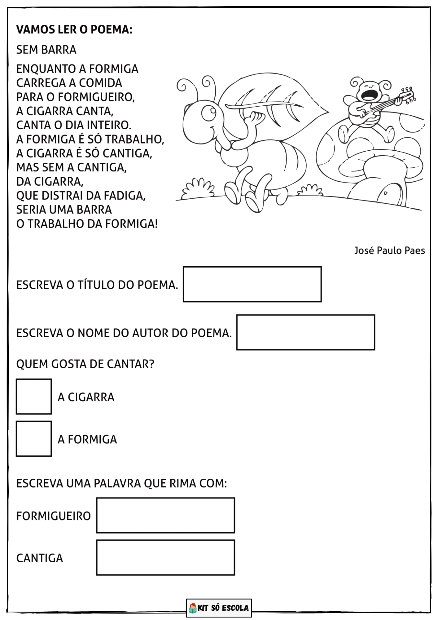Atividade Português 1 ano: Leia o Poema — SÓ ESCOLA